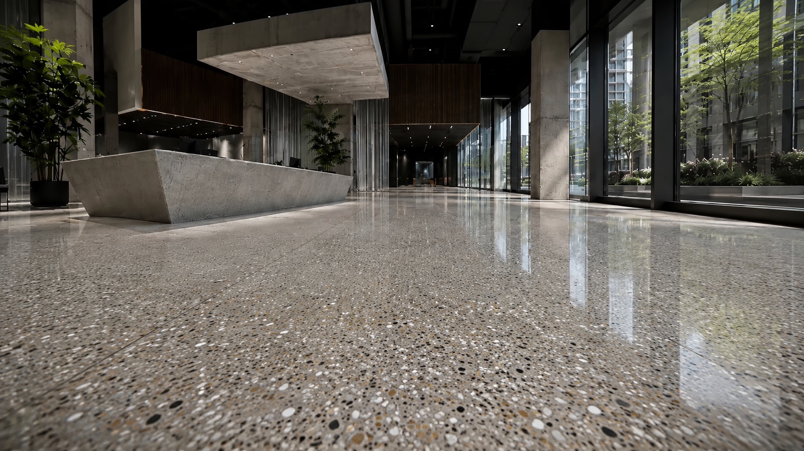 Contemporary commercial lobby with a polished aggregate floor